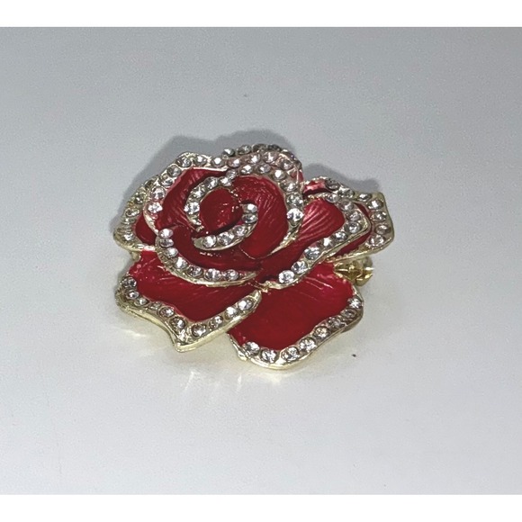 Red Rose Enamel Rhinestone Brooch Pin Gold-Tone 1.25" Floral Statement - Picture 3 of 6